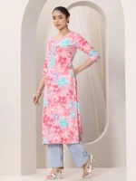 Pink Printed Silk Blend Straight Kurta