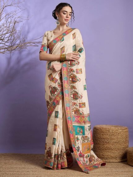 Cream Woven Viscose Saree with Unstitched Blouse