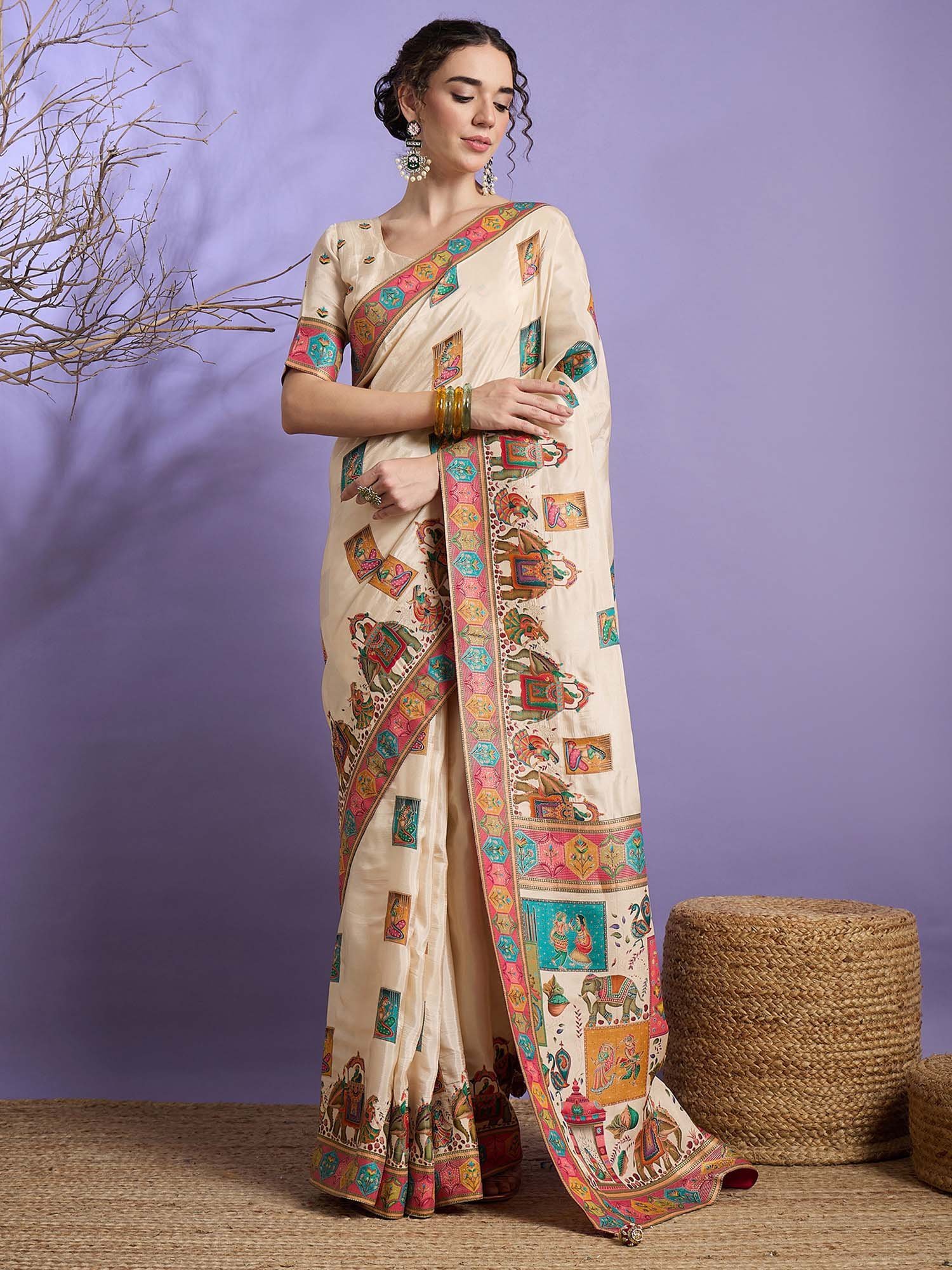 6a4488fMSTANI130BHSCream_1.jpg Cream Woven Viscose Saree with Unstitched Blouse - Image 1