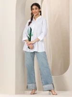 White Cotton Blend Straight Short Kurti - Image 4