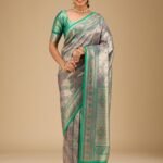 Rama Green Swarovski Raw Silk Saree with Unstitched Blouse
