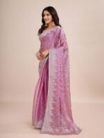 Lavender Embroidered Pre-Drapped Saree with Unstitched Blouse - Image 3